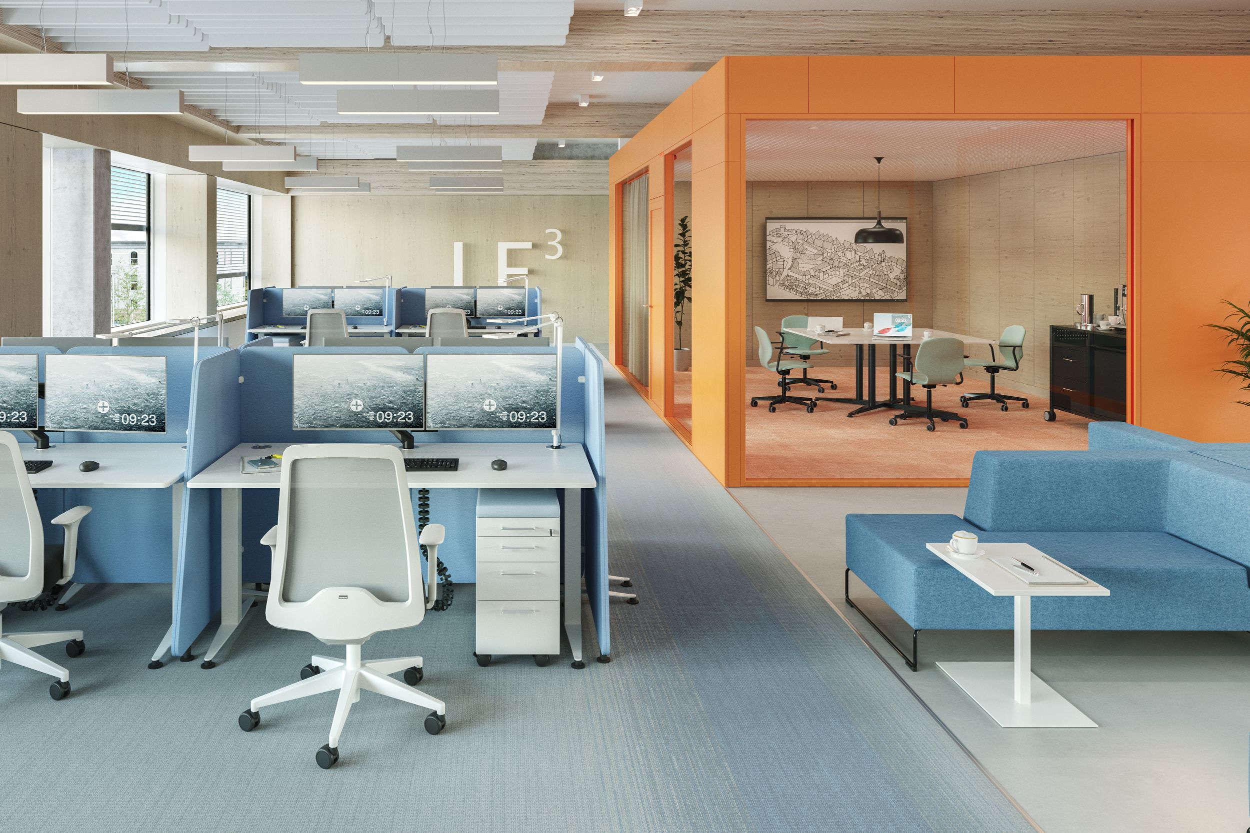Open space avec postes de travail et cloisons de séparation