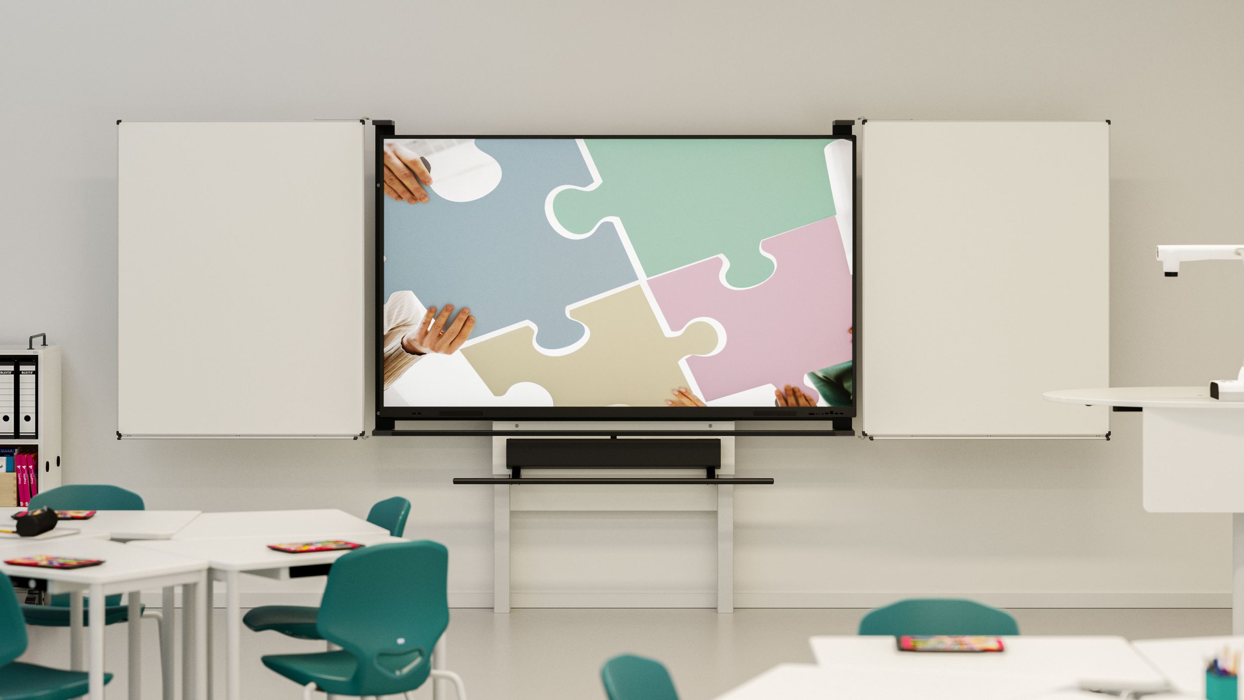 Classroom with display, blackboard and soundbar